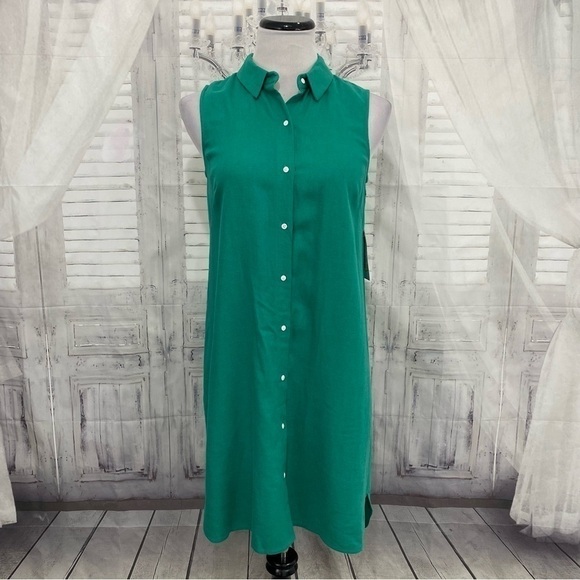 Jessica Howard Size 8 Petite 8P Solid Green Button Front Linen Mini Shirt Dress - Picture 2 of 13